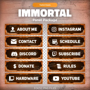 Orange Immortal Twitch Panels: Futuristic Streamer Profile Info Buttons Branding