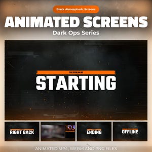 Geanimeerde Dark Ops-twitch-schermen: zwart-oranje stream-overlay voor OBS: starten, BRB, pauze, einde, offline