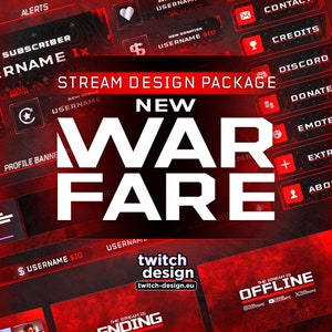 Animated New Warfare Twitch Overlay Package for Streamers | Dark Modern Black Red Webcam, Screens/Scenes, Panels, Alerts, Stinger & Banner
