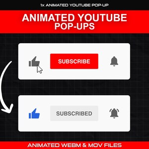 Op de afbeelding: Geanimeerde YouTube pop-up afbeelding met een witte achtergrond en een rode knop met de tekst "ABONNEREN". De afbeelding toont een duim omhoog-pictogram en een belpictogram. De afbeelding toont ook een tweede pop-up met een blauwe duim omhoog-pictogram en een belpictogram. De tekst "GEABONNEERD" staat op de tweede pop-up.