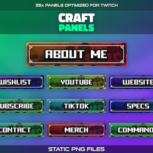 Op de afbeelding: Een set van 12 Twitch-panelen met een gepixelde, camouflage-achtige stijl. De panelen bevatten tekst zoals "Over mij", "Wenslijst", "YouTube", "Website", "Abonneren", "TikTok", "Specificaties", "Contact", "Merchandise" en "Opdrachten".