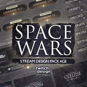 Paquete de superposiciones animadas de Space Wars para Twitch para streamers: cámara web Dark Mystery Star, pantallas/escenas, paneles, alertas, aguijón y banner sin conexión.