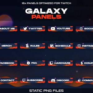 Galaxy Twitch Panels | 16x Dark, Blue Info Buttons for Streamers | Profile Stream Setup | Channel Branding | Space, Planets, Universe, Stars