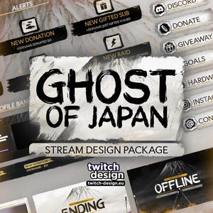 Könnte beinhalten: Ein digitales Stream-Design-Paket mit dem Titel "Ghost of Japan" mit schwarzem Pinselstrich-Text. Enthält Benachrichtigungen für Spenden, Geschenke und Raids. Enthält eine Berg-Grafik und den Text "twitch design".