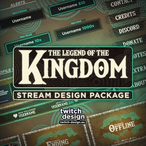May include: A green and brown Twitch stream design package for The Legend of the Kingdom. The package includes a variety of overlays, alerts, and panels. The design features a circular pattern with a green and brown colour scheme.