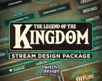 May include: A green and brown Twitch stream design package for The Legend of the Kingdom. The package includes a variety of overlays, alerts, and panels. The design features a circular pattern with a green and brown color scheme.