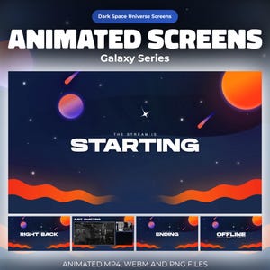 アニメーション化された銀河Twitchスクリーン：OBS用のダークスペースユニバースストリームオーバーレイ - 開始、BRB、休憩、終了、オフライン