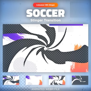 Puede incluir: Gráfico digital para una transición de stinger OBS animada con temática de fútbol. El diseño presenta una espiral blanca sobre un fondo transparente, con acentos de pinceladas moradas y naranjas. Se muestra el texto "SOCCER" y "Stinger Transition".