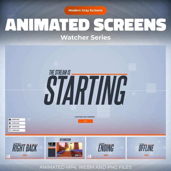 Animated Gray Watcher Twitch Screens: Stream Overlay (MP4, PNG, WEBM)