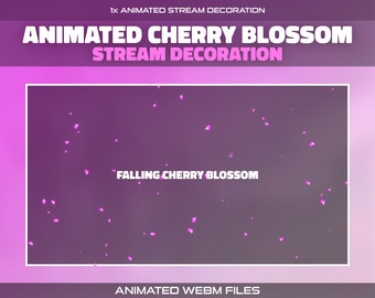 Puede incluir: Decoración de transmisión de flores de cerezo animada con pétalos rosados cayendo sobre un fondo morado. El texto "Falling Cherry Blossom" se muestra en el centro de la imagen. El texto "Animated Webm Files" se muestra en la parte inferior de la imagen.