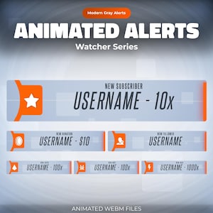 Alerty Twitch dla obserwatorów: animowana szara nakładka na stream w przyszłości (obserwujący, subskrybujący, darowizna, cheer, gospodarz, rajd)