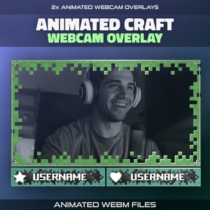 May include: Animated webcam overlay with a green pixelated border. The overlay features a black and white image of a person wearing headphones and a microphone. The overlay also includes two buttons with the text "USERNAME" and icons of a star and a heart.