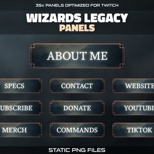 Könnte beinhalten: Ein Satz von 12 Twitch-Panels mit dunklem Hintergrund und goldener Umrandung. Die Panels zeigen Text wie "Über mich", "Spezifikationen", "Kontakt", "Website", "Abonnieren", "Spenden", "YouTube", "Merchandise", "Befehle" und "TikTok". Der Text ist weiß und die Panels sind für die Verwendung auf Twitch konzipiert.