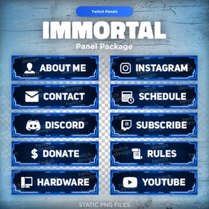 Blue Immortal Twitch Panels: Futuristic Stream Profile Info Buttons Branding