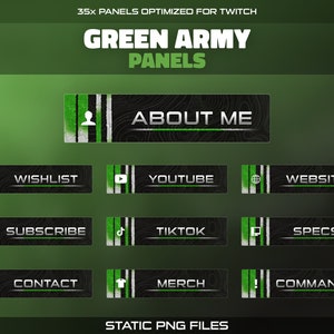 Green Army Twitch Panels | 35x Black Info Buttons for Streamers | Profile Stream Setup | Channel Branding | Military, Dark, Shooter Style