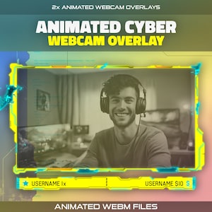 Puede incluir: Superposición de cámara web animada con un borde amarillo y azul. La superposición presenta a una persona con auriculares y un cuadro de texto amarillo y azul con las palabras "USERNAME Ix" y "USERNAME $IO S".