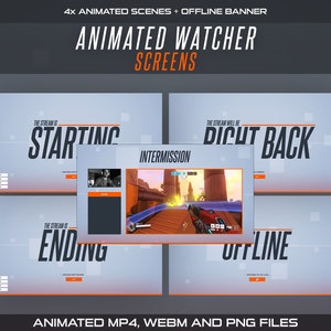 Animated Watcher Twitch Screens | Gray Starting, Be Right Back, Intermission, Ending Scenes and Offline Banner for Overwatch Streamers