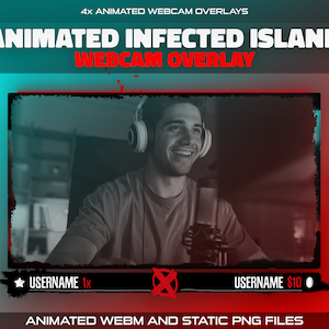Peut inclure: Superposition de webcam animée avec un design rouge et noir. La superposition présente une personne avec un casque et un microphone, ainsi que du texte qui dit "USERNAME 1x" et "USERNAME 10 €".
