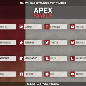 Op de afbeelding: Een set van 16 Twitch-panelen voor Apex Legends, met pictogrammen en tekst voor verschillende categorieën, waaronder Over mij, Contact, Opdrachten, YouTube, Sociale media, Abonneren, Twitter, Schema, Instagram, Merchandise, Regels, Hardware, Doneren, Facebook, FAQ en Discord. De panelen zijn ontworpen in een donkergrijs en rood kleurenschema met een grunge-textuur.
