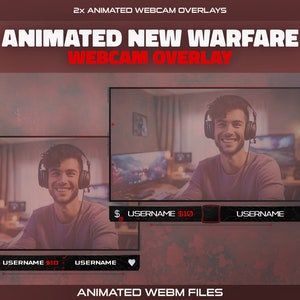 Puede incluir: Dos superposiciones de cámara web animadas con un esquema de color rojo y negro. Las superposiciones presentan a una persona con auriculares y un micrófono, con un nombre de usuario y una cantidad en dólares mostrada. El texto "ANIMATED NEW WARFARE WEBCAM OVERLAY" está en la parte superior de la imagen, y el texto "ANIMATED WEBM FILES" está en la parte inferior.