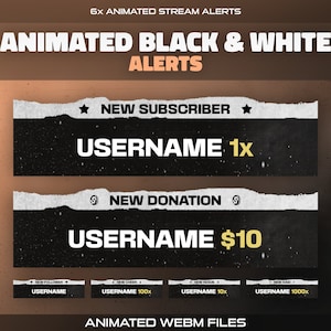 Animated Black & White Twitch Alerts | 6x Dark Modern Black Stream Alerts | Follower, Subscriber, Donation, Cheer, Resub, Raid, Overlay Pack