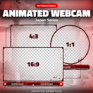 May include: Animated webcam overlay with red borders. The design includes three aspect ratio frames: 4:3, 1:1, and 16:9. The text "ANIMATED WEBCAM" and "Japan Series" are displayed. Includes animated WEBM files.