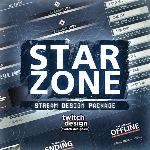 Animated Starzone Twitch Overlay Package for Streamers | Dark Mystery Space Future Webcam, Screens/Scenes, Panels, Alerts, Stinger & Banner