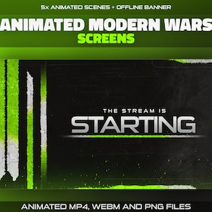 Animated Modern Wars Twitch Stream Screens for Shooter Streamers | Starting, Be Right Back, Just Chatting, Ending Scenes & Offline Banner