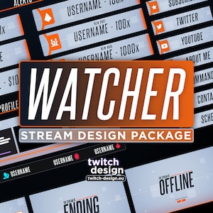 Peut inclure: Un pack de design graphique noir et orange pour les streamers Twitch. Le pack comprend une variété de superpositions, de panneaux et d'alertes. Le texte "WATCHER STREAM DESIGN PACKAGE" est affiché en grandes lettres grasses.