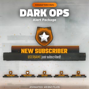 Animated Dark Ops Twitch Alerts | Black Orange Stream Alerts | Follower, Subscriber, Donation, Cheer, Resub, Raid | Setup Overlay Pack