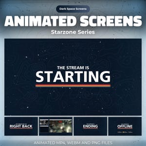 Pantallas animadas de Twitch de Starzone: Superposición de transmisión espacial Dark Blue Universe para OBS: inicio, listo, intermedio, final, sin conexión