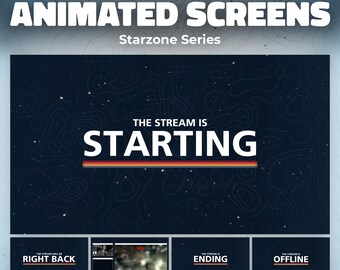 Pantallas animadas de Twitch de Starzone: Superposición de transmisión espacial Dark Blue Universe para OBS: inicio, listo, intermedio, final, sin conexión