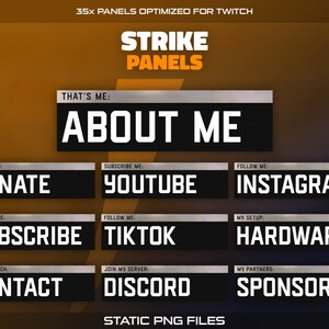 Może przedstawiać: Zestaw 35 paneli Twitch z czarnym tłem i białym tekstem. Panele są zaprojektowane dla kanału streamera i zawierają sekcje: "O mnie", "Darowizny", "YouTube", "Instagram", "Subskrybuj", "TikTok", "Kontakt", "Discord", "Sprzęt" i "Sponsorzy".