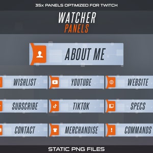 Könnte beinhalten: Ein Satz von 35 Twitch-Panels mit grauem Hintergrund und orangefarbenen Akzenten. Die Panels enthalten Symbole für "Über mich", "Wunschliste", "YouTube", "Website", "Abonnieren", "TikTok", "Spezifikationen", "Kontakt", "Merchandise" und "Befehle".