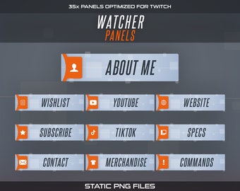 Watcher Twitch Panels: 35x Gray & Orange Stream Info Buttons (Digital Download)