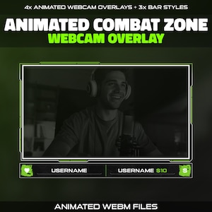Op de afbeelding: Geanimeerde webcam-overlay met een groene en witte rand. De overlay toont een persoon met een koptelefoon en een microfoon. De tekst "ANIMATED COMBAT ZONE WEBCAM OVERLAY" staat bovenaan de afbeelding. De tekst "USERNAME" en "USERNAME $10" staat onderaan de afbeelding.