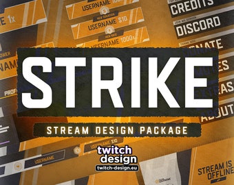 Animiertes Strike Twitch Overlay Paket für Streamer | Saubere minimalistische moderne Webkamera, Bildschirme/Szenen, Panels, Warnungen, Stinger, Banner