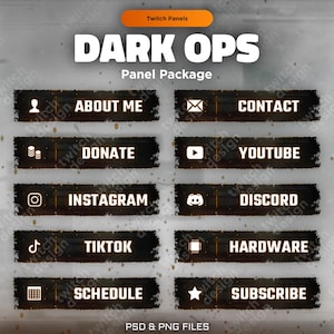 Dark Ops Twitch Panels: Black & Orange Stream Set (35x Info Buttons, PSD File)