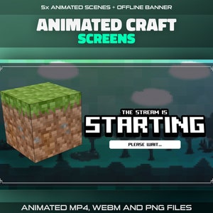 Animated Craft Twitch Stream Screens for Retro Pixel Streamers | Mine Block Start, Be Right Back, Just Chatting, End Scenes, Offline Banner