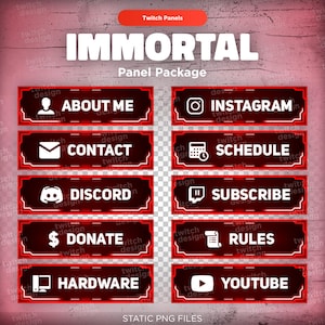 Panneaux Red Immortal Twitch : image de marque des boutons d'informations sur le profil du streamer futuriste