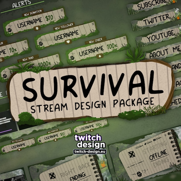 Animated Survival Twitch Overlay Package for Streamers | Forest Nature Plant Webcam, Screens/Scenes, Panels, Alerts, Stinger, Offline Banner