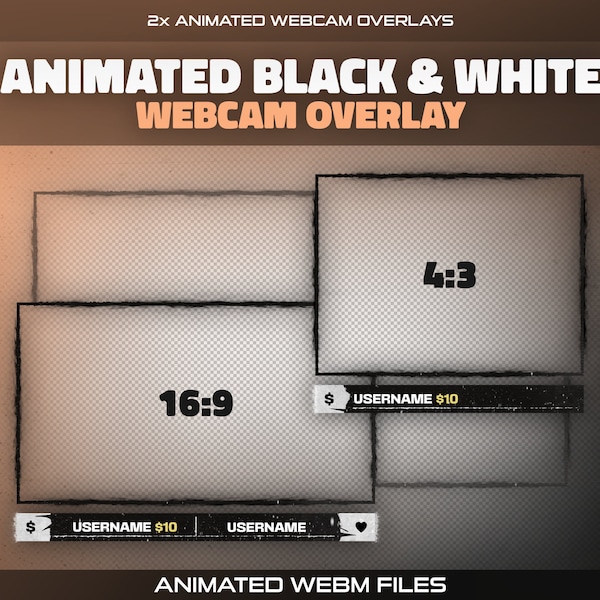 Animated Black & White Twitch Webcam Overlay | 2x Webcam Frames for Streamers | Stream Border | Twitch Cam | Dark Modern Black Clean Package