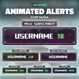 Craft Twitch Alerts: Animated Dark Retro Pixel Stream Overlay (Follower, Sub, Donation, Cheer, Resub, Raid)