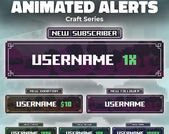 Craft Twitch Alerts: Animated Dark Retro Pixel Stream Overlay (Follower, Sub, Donation, Cheer, Resub, Raid)