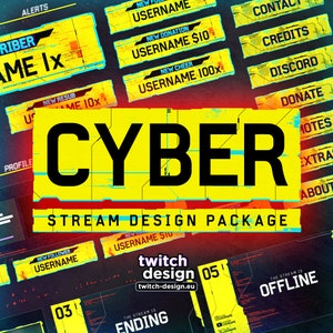 Animated Cyber Twitch Overlay Package for Streamers | Future Glitch Sci-Fi Punk Webcam, Screens/Scenes, Panels, Alerts, Stinger & Banner