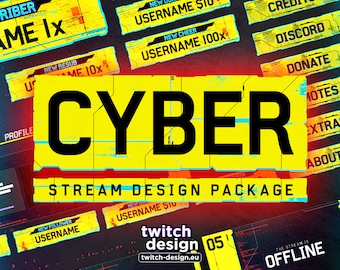 Animated Cyber Twitch Overlay Package for Streamers | Future Glitch Sci-Fi Punk Webcam, Screens/Scenes, Panels, Alerts, Stinger & Banner