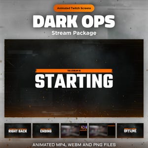 Sobreposições de tela animadas do Twitch Dark Ops para streamers | Preto Laranja Moderno, Começando, Já Volto, Só Batendo Papo, Fim, Cenas Offline