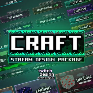 Animated Craft Twitch Overlay Package for Retro Games Streamers | Pixel Mine Webcam, Screens/Scenes, Panels, Alerts, Stinger, Offline Banner