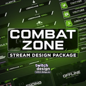 Animated Combat Zone Twitch Overlay Package for Streamers | Black Green War Webcam, Screens/Scenes, Panels, Alerts, Stinger, Offline Banner