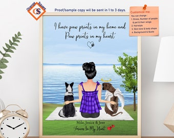 Puede incluir: Una ilustración digital de una mujer con dos perros. La mujer lleva un vestido de cuadros blanco y morado y tiene la espalda hacia el espectador. Los perros están sentados en una manta blanca frente a ella. El fondo es un lago azul con un árbol verde en el lado derecho de la imagen. El texto "Tengo huellas de patas en mi casa y huellas de patas en mi corazón" está en la parte superior de la imagen. El texto "Milo, Jesica & Jess Forever In My Heart" está en la parte inferior de la imagen.
